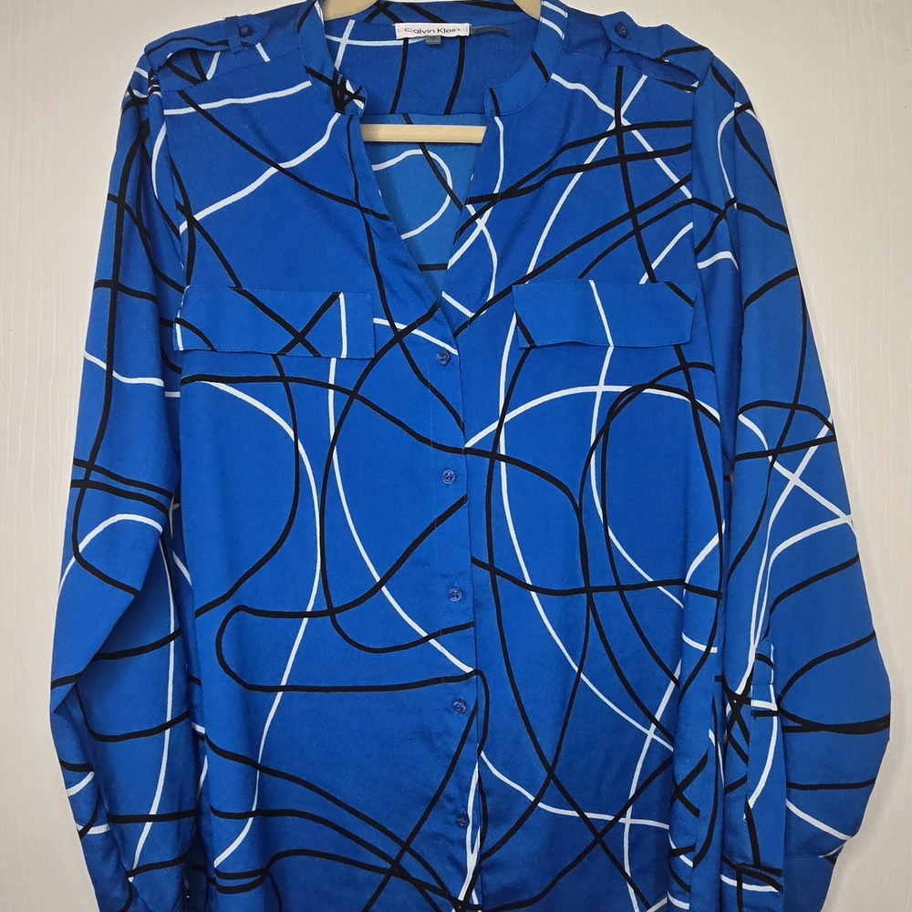 Calvin Klein Collection Blue Graphic Long Sleeve Blouse